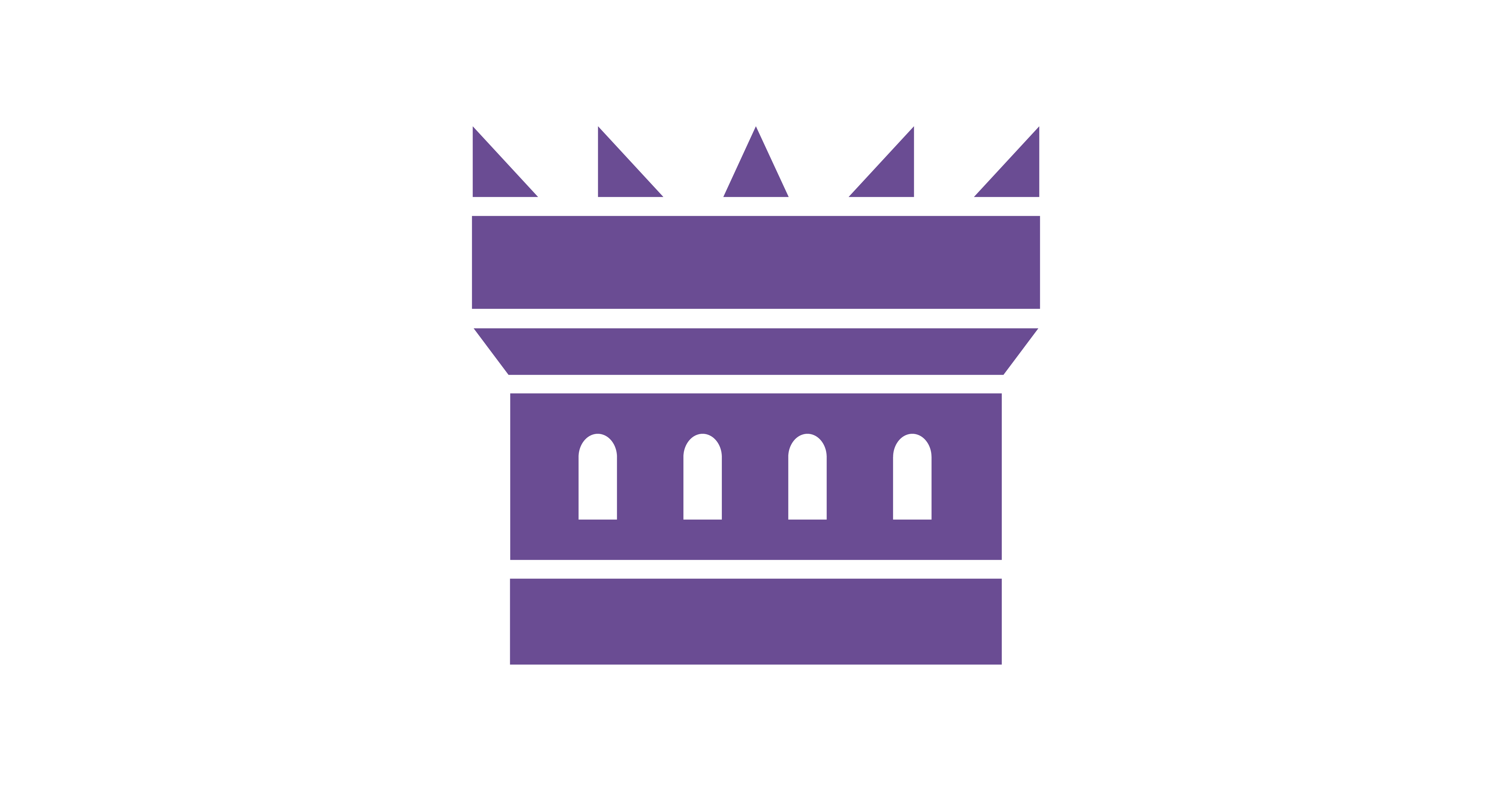 A simple purple castle logo with four battlements on top and four arched windows, set against a white background.